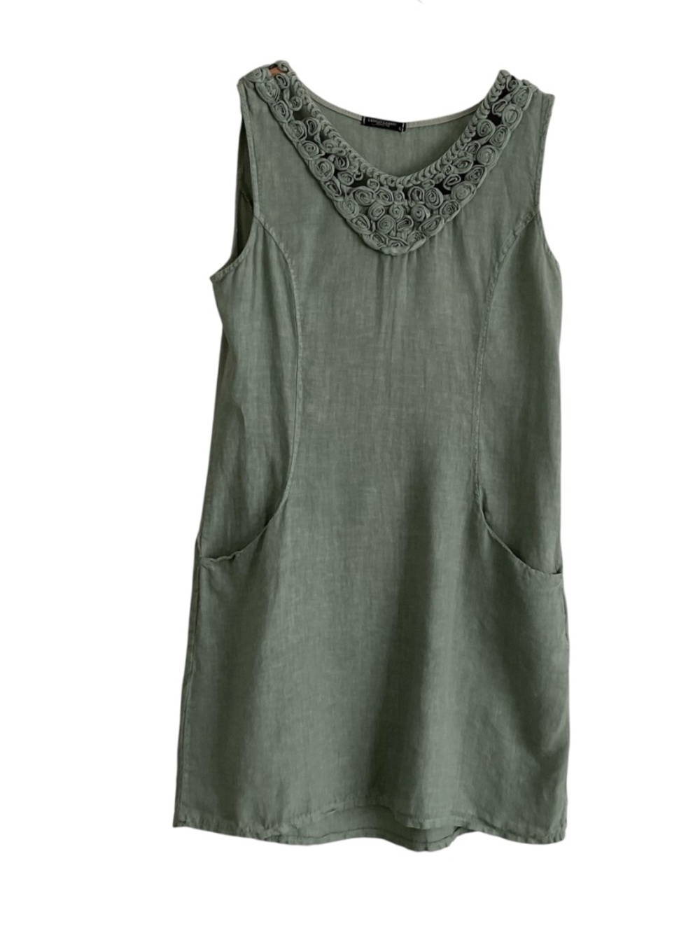 Lungo L'Arno Rosette 100% Linen Dress Sz L Sage Green Modest Coastal Mori Kei - Picture 2 of 10